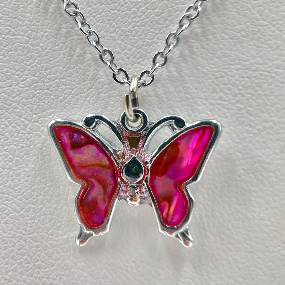 Vintage Y2K Silver Tone Hot Pink Abalone Shell Butterfly Pendant Chain Necklace